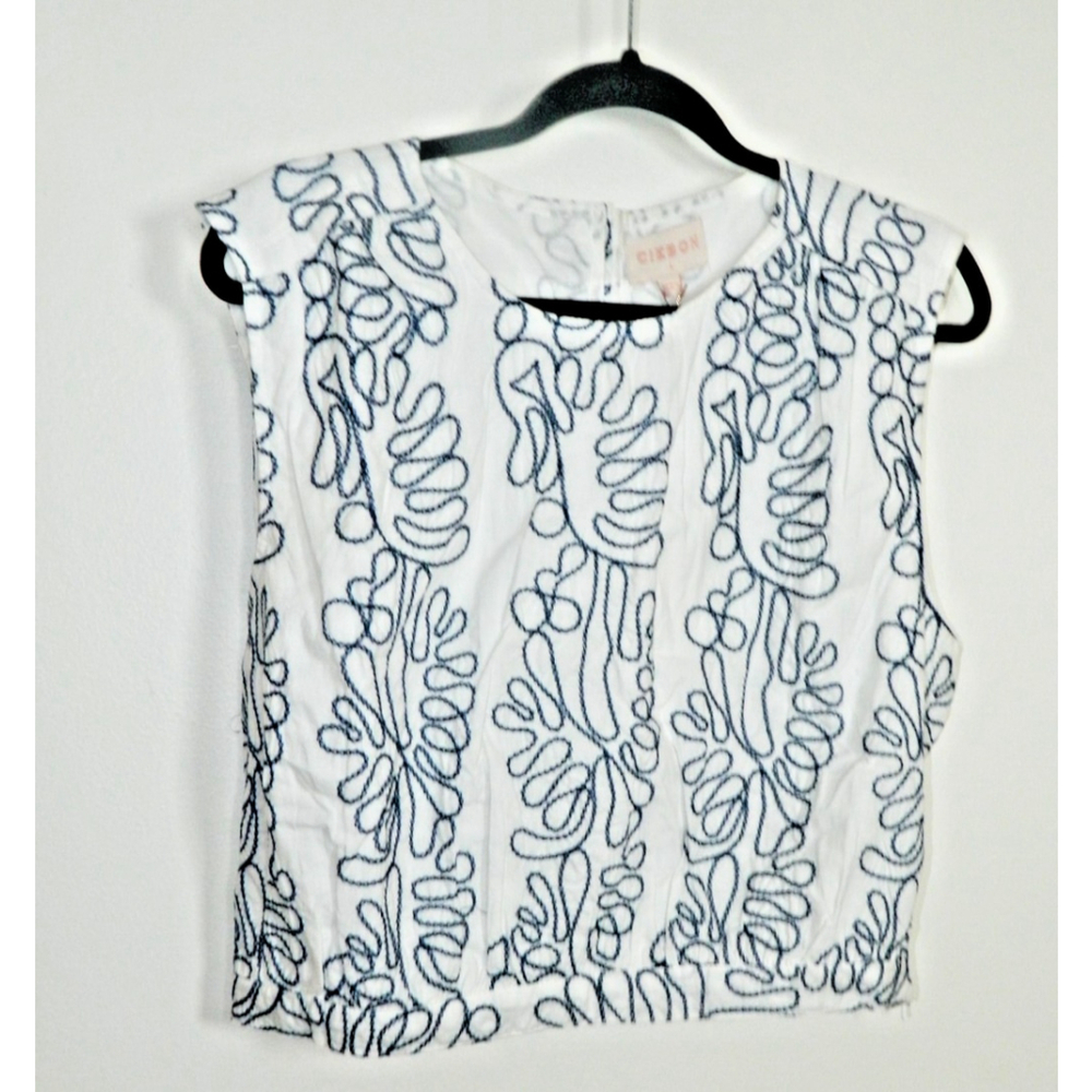 White Sleeveless Embroidered Blouse with Navy Pattern-NWT